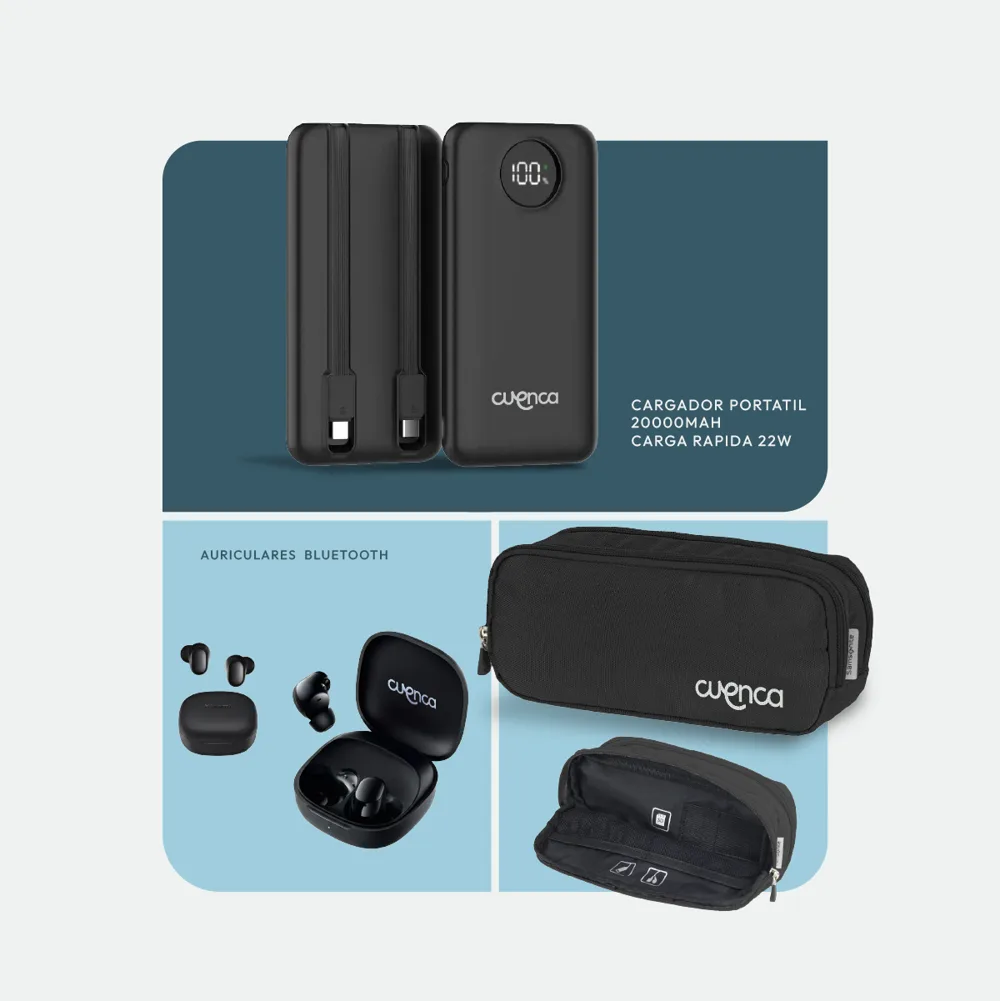 Kit Conectados: cargador portátil, auriculares bluetooth y estuche portacables