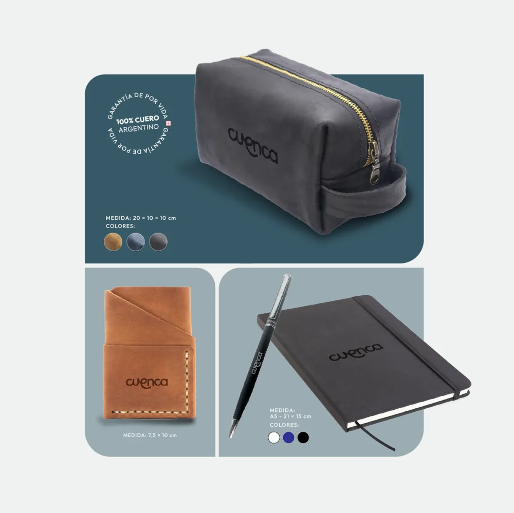 Kit Ejecutivo: neceser de cuero, tarjetero, cuaderno y bolígrafo