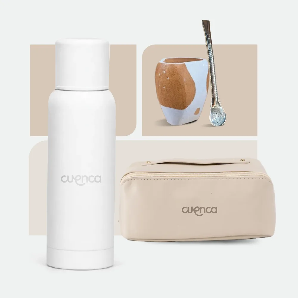 Kit Fem: botella blanca, mate de cerámica y neceser beige